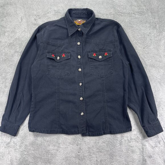 Harley-Davidson Tops - Harley Davidson Motorcycle Denim Shirt Womens Large Black Floral Embroiderey